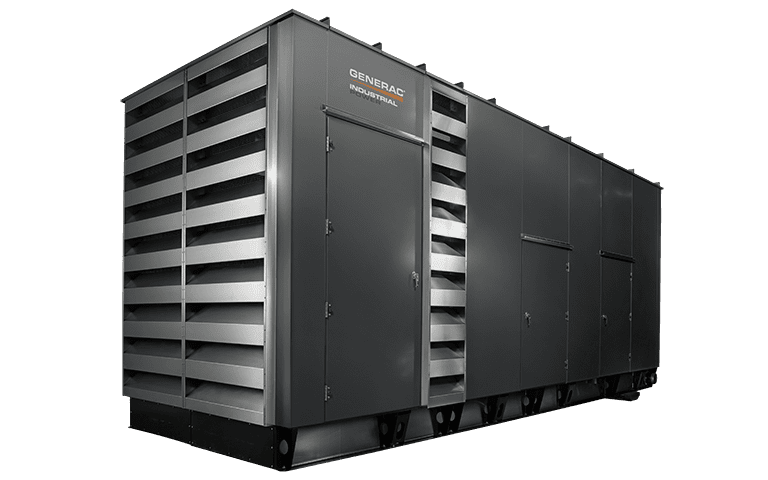 A Generac Industrial 1000 kW diesel generator in a louvred weatherproof enclosure, seen from the front corner