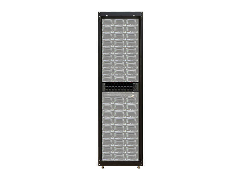 A 12V DC integrated rack seen from the front, filled top to bottom with clear-fronted battery modules either side of a central distribution panel