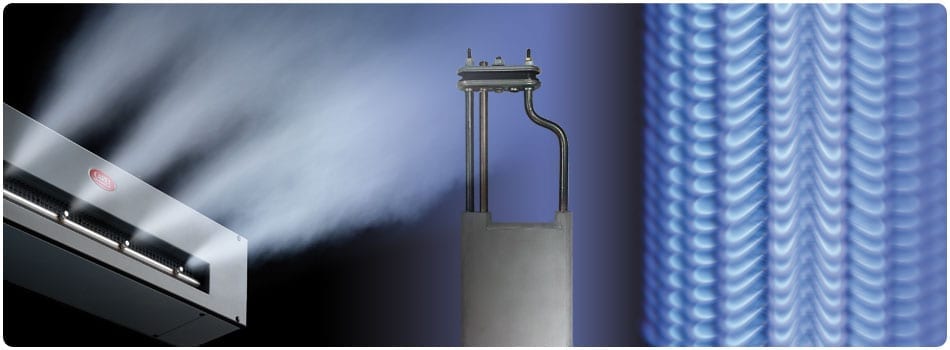 Three views of humidification equipment: a distribution bar releasing a fan of mist, a steam lance, and a close-up of blue evaporative media
