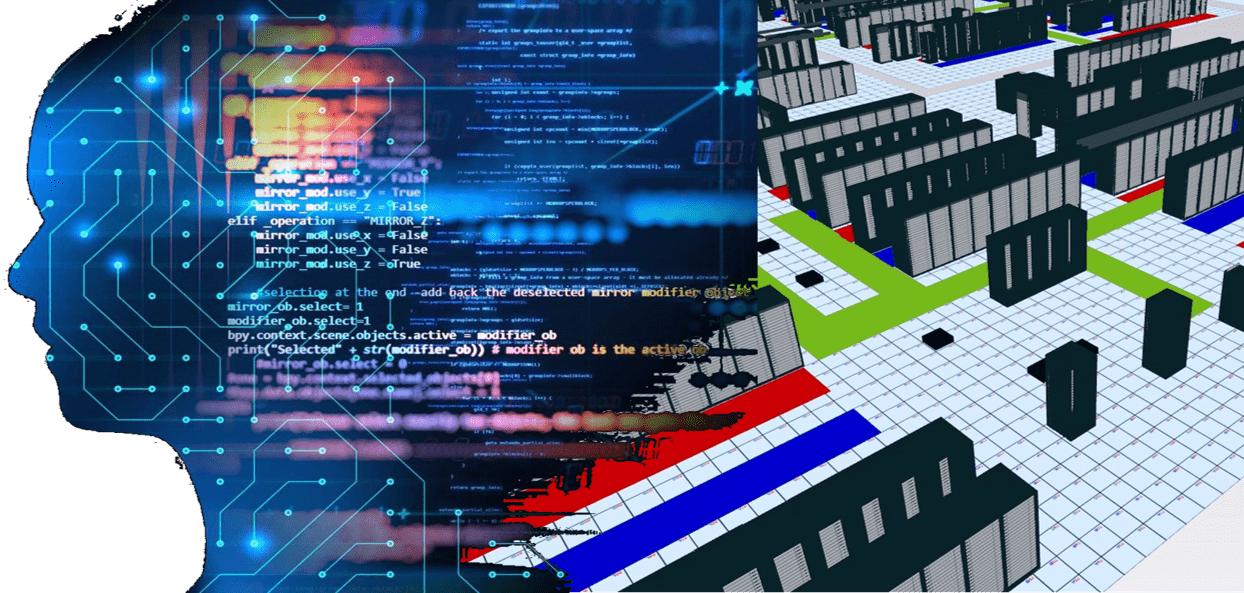 The profile of a head filled with circuitry and lines of code, alongside an isometric plan view of a data hall