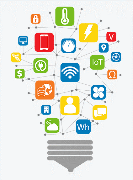 A light bulb drawn from linked coloured icons — thermometer, power plug, wifi, IoT, currency, meter and gauge — standing for connected energy monitoring