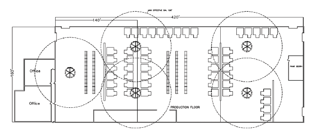 Floor plan of a production floor with two offices and a paint booth, showing four large ceiling fans and the circles of air movement each one covers