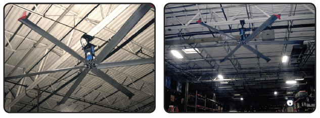 Two photographs of large-diameter industrial ceiling fans mounted in the roof structure of a warehouse