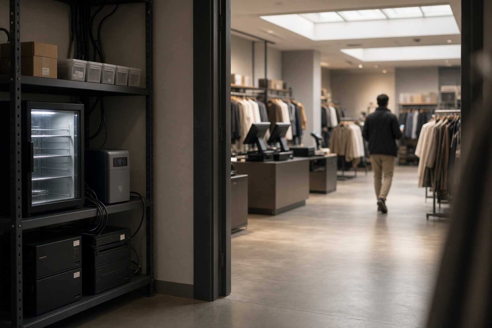 Stockroom edge rack and cooling opening onto a lit retail floor.