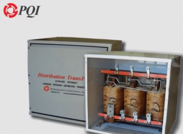 A PQI harmonic mitigating distribution transformer shown twice — closed in its cabinet, and open to reveal the copper windings and terminal connections inside