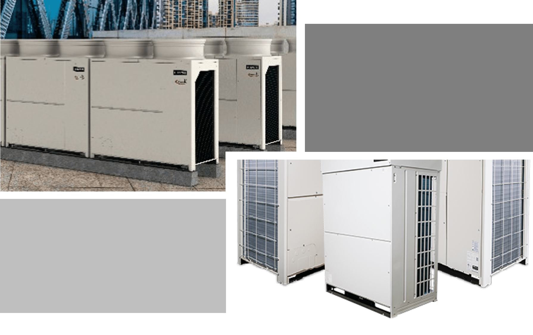 Outdoor VRF condensing units, a rooftop row on a parapet and a free-standing group with grille-covered coils