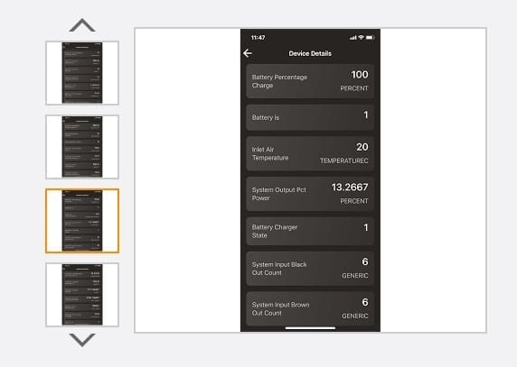 A phone app "Device Details" screen listing battery percentage charge, inlet air temperature, system output power, battery charger state and counts of system blackouts and brownouts, with other screens as thumbnails beside it