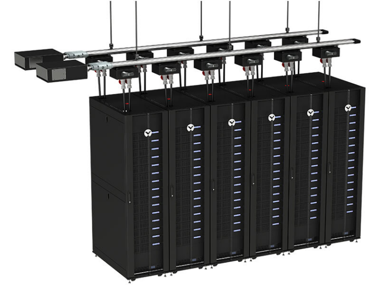 Vertiv iMPB overhead busway running above a row of six black server cabinets, with tap-off boxes dropping power to each one