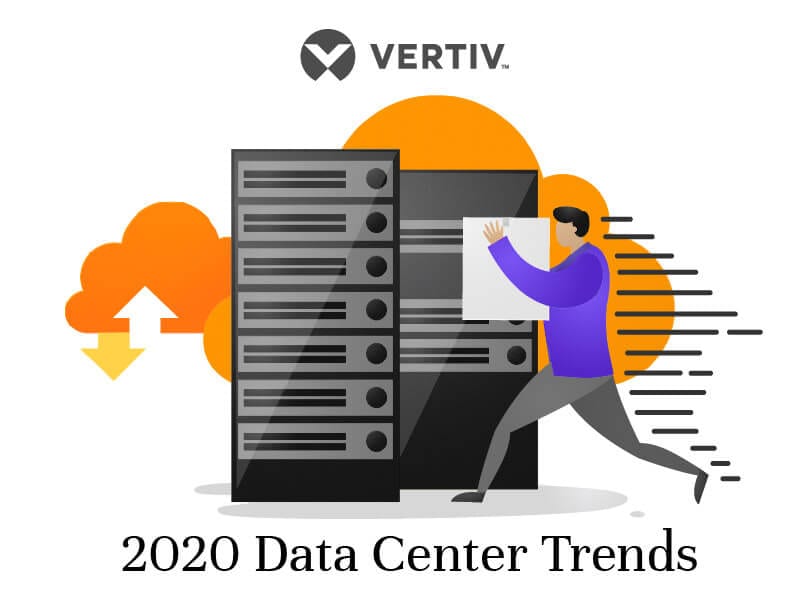 Vertiv illustration for "2020 Data Center Trends": a figure pushing a server cabinet forward, a cloud with upload and download arrows behind