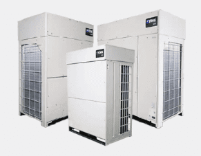 Three white YORK outdoor VRF condensing units