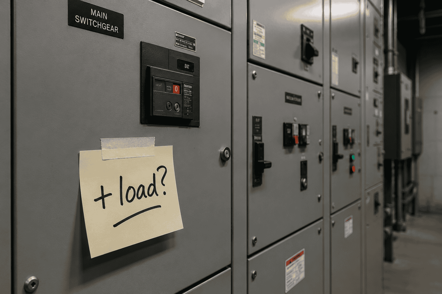 A line-up of grey switchgear cubicles, the nearest labelled "Main Switchgear", with a sticky note taped to its door reading "+ load?"
