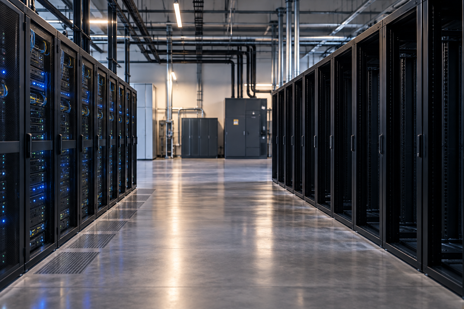 a server room with a hallway and racks on either side. the left side is lit up and in use, the right side is empty and waiting to be filled and used.