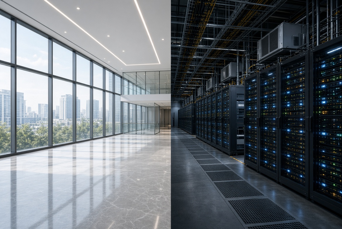 Split image contrasting an empty, bright modern office suite with large windows and city views on the left against a dense server room with high-density racks, power distribution, cabling, and cooling equipment on the right.