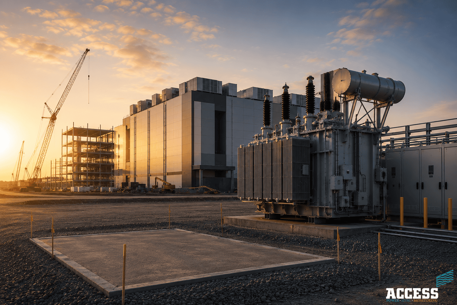 A power transformer and switchgear on a gravel compound beside a large windowless data centre at sunset, cranes and a steel frame under construction behind, with the Access logo in the corner
