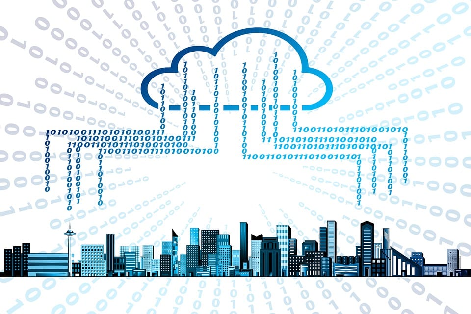 An outlined cloud raining binary digits onto a city skyline, over a background of ones and zeros