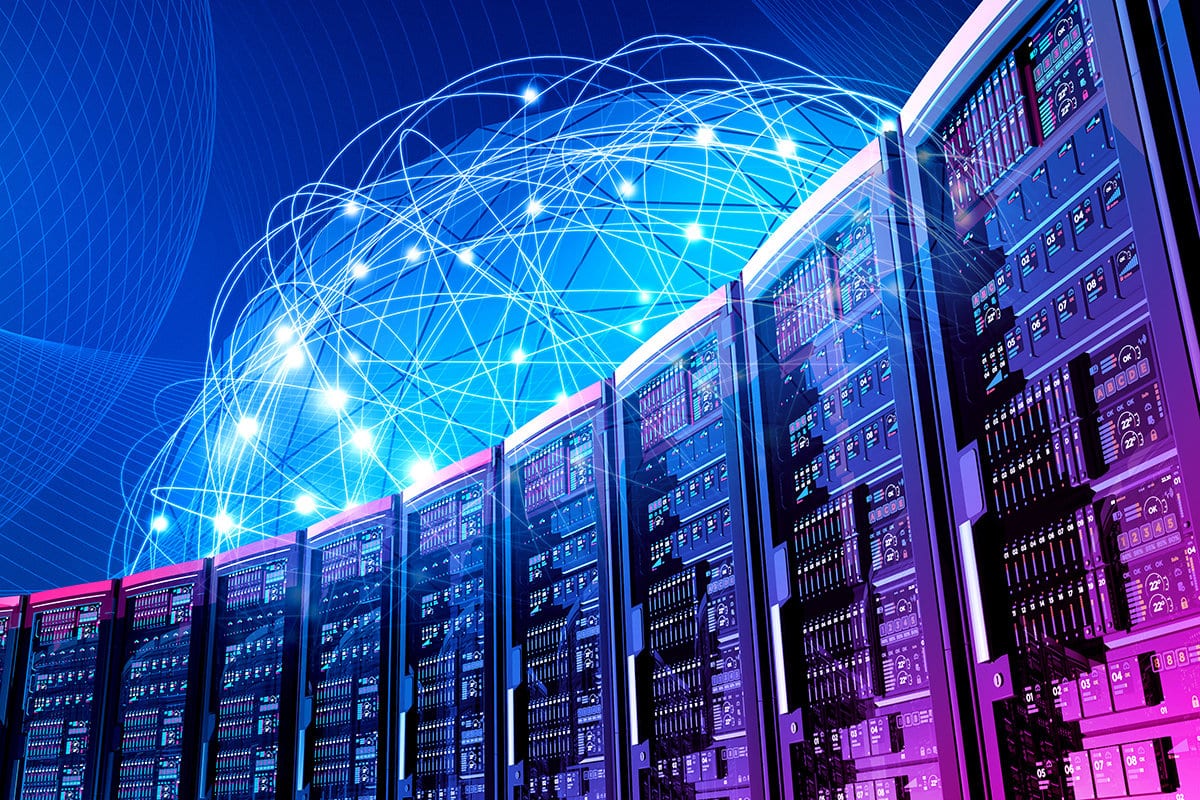 Stylised rows of server cabinets in blue and magenta beneath a glowing network globe