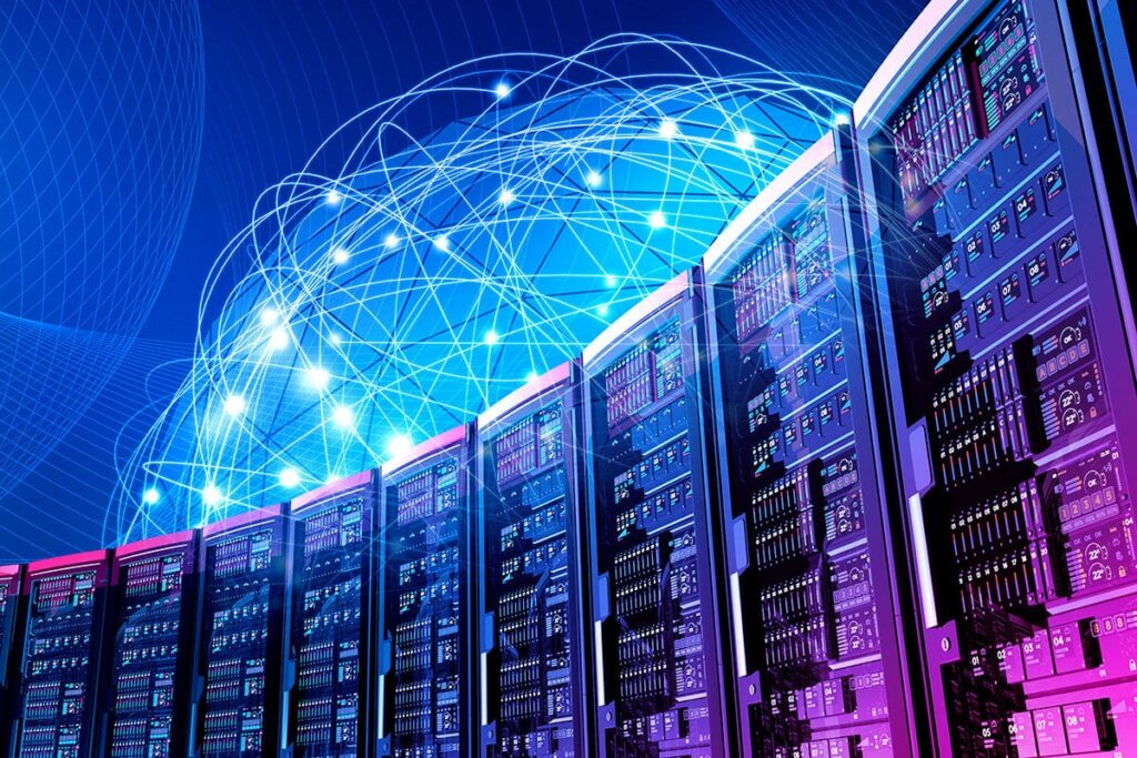 Stylised rows of server cabinets in blue and magenta beneath a glowing network globe