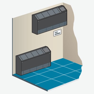Isometric illustration of two dark fan-coil units mounted on a wall, one high and one at floor level, with a small wall controller between them