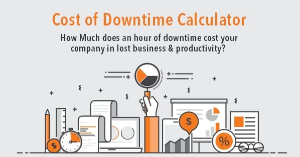 Banner reading "Cost of Downtime Calculator — how much does an hour of downtime cost your company in lost business and productivity?" over line drawings of charts, a clock and a magnifier