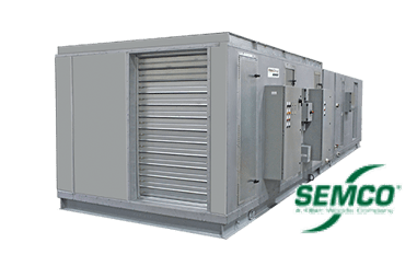 A large grey SEMCO rooftop air handling unit with a louvred intake section