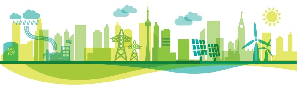 Flat illustration of a green city skyline with wind turbines, solar panels, transmission pylons and a rain cloud