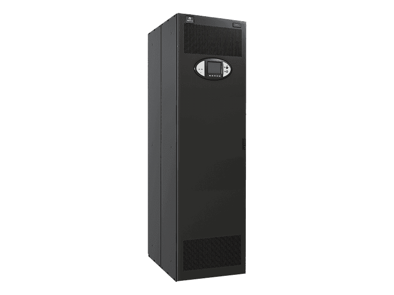A Vertiv Liebert RX power distribution cabinet — a full-height black enclosure with a monitoring display set into the door