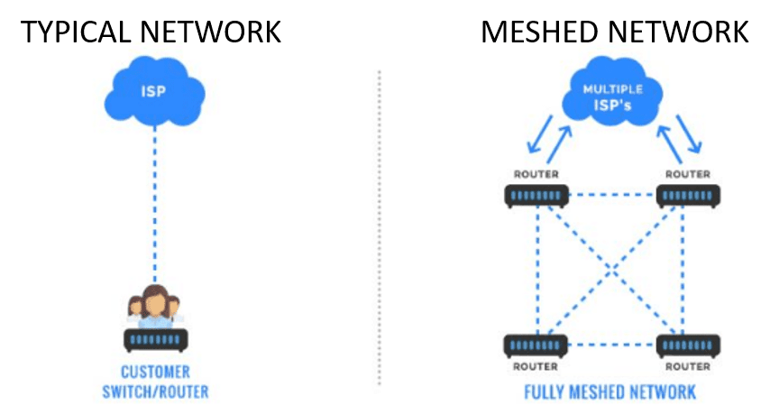 Two network diagrams side by side: a typical network with one ISP feeding a single customer switch, and a fully meshed network with multiple ISPs and four routers all interconnected