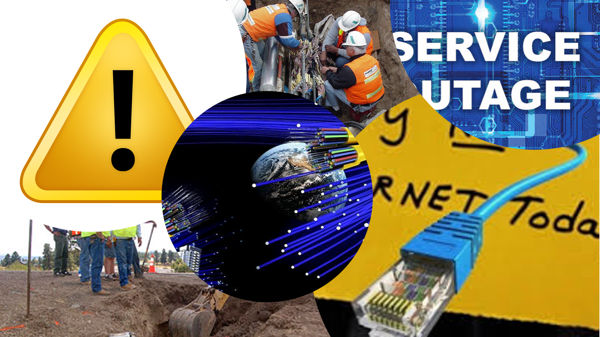 A collage about network outages: a warning triangle, crews splicing cable in a trench, fibre strands around a globe, an Ethernet plug, and the words "Service Outage"