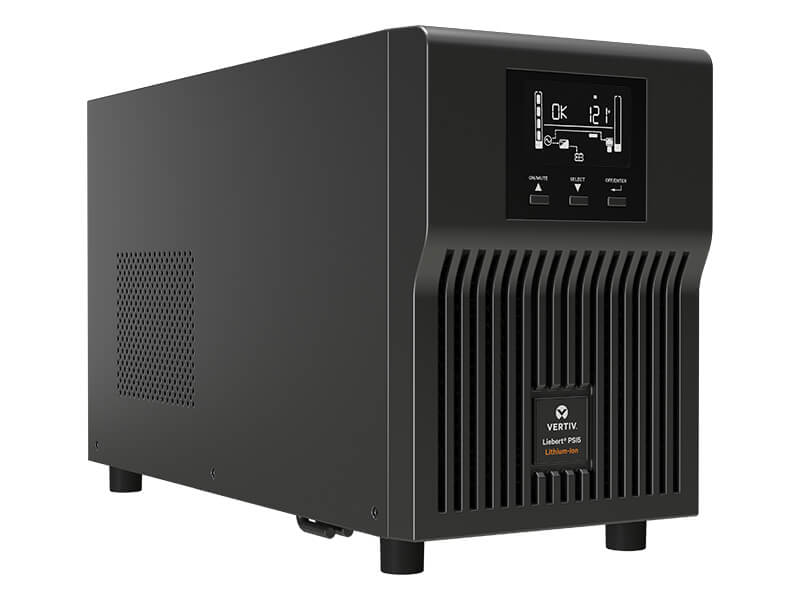 A Vertiv Liebert PSI5 lithium-ion tower UPS, photographed at three-quarters against white, its status display reading OK