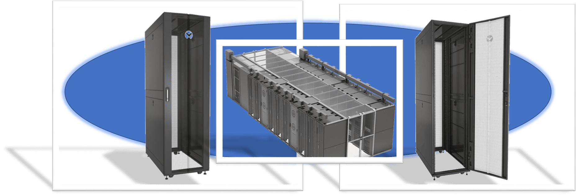 Three product views: a closed server rack, an aisle containment structure over a row of cabinets, and a rack with its perforated door swung open