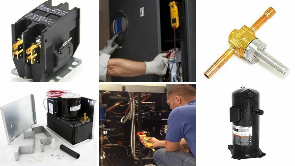 Six panels of HVAC service work and parts: a contactor, a technician metering a unit, a brass valve, a condensate pump kit, a technician testing inside a cabinet, and a scroll compressor