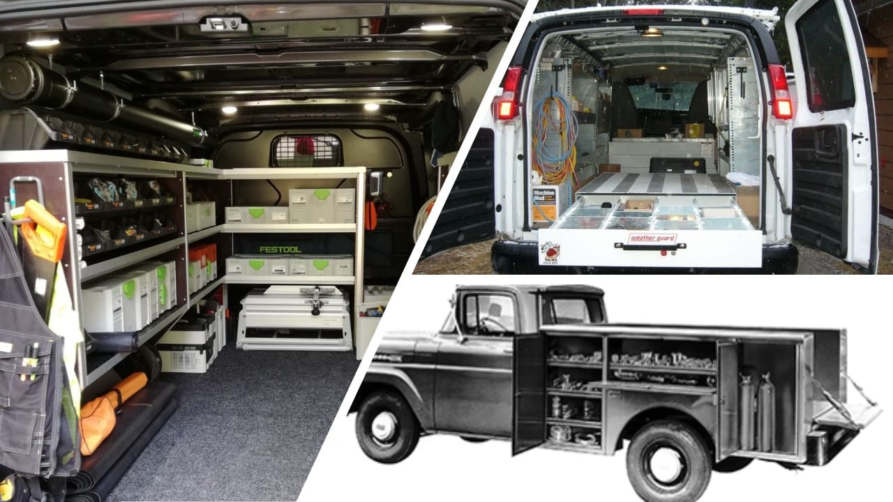 Three views of service vehicle fit-outs: a van interior racked with tool cases, a van rear with drawer units and coiled cable, and an old photograph of a pickup with an open service body