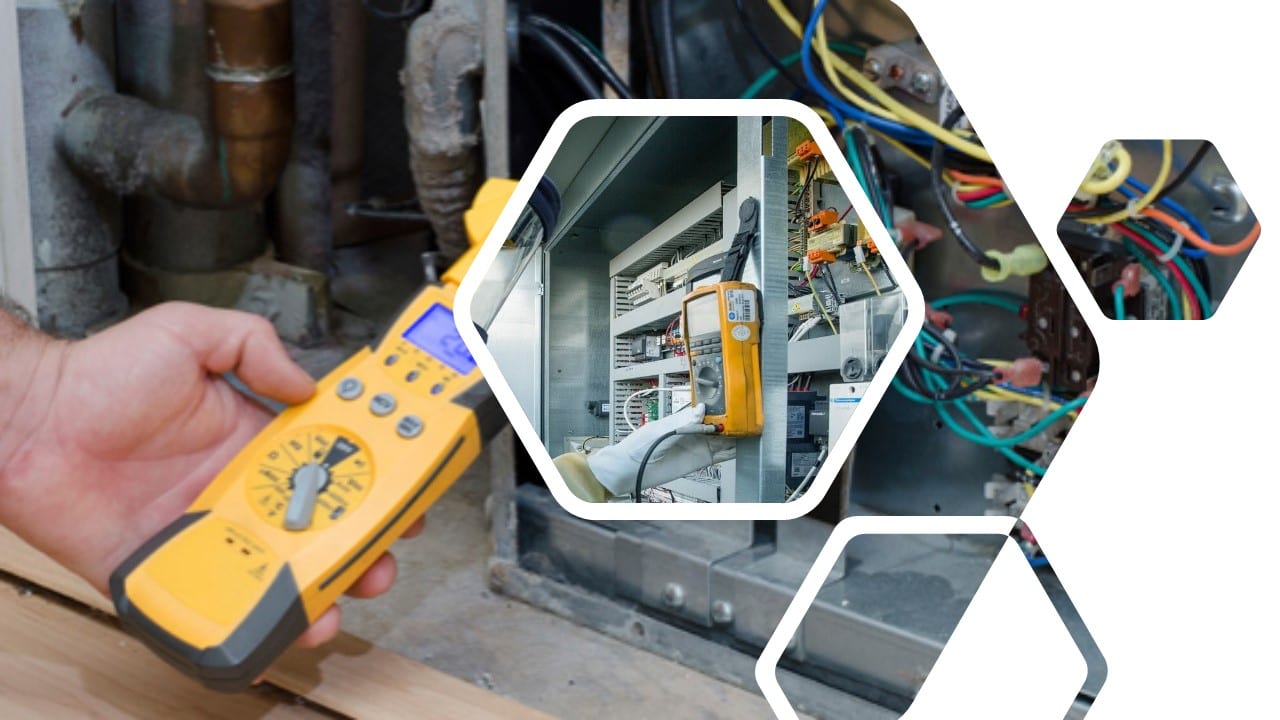 A technician holding a yellow multimeter in front of opened equipment, with inset panels showing a control cabinet under test and bundled coloured wiring