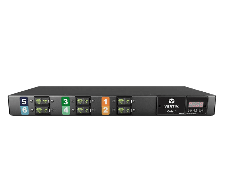 A Vertiv Geist metered rack PDU, a 1U black unit with colour-coded numbered breakers and a red LED current display