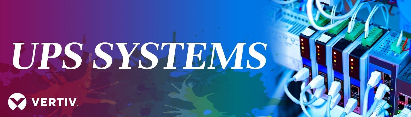 Vertiv banner reading "UPS Systems" in white over a purple and blue wash, beside a photograph of network modules and patch leads