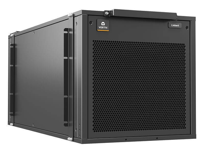 A Vertiv Liebert VRC rack-mounted cooling unit, its perforated front panel facing the camera against white
